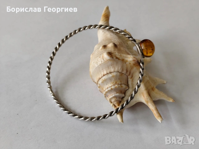 Твърда сребърна гривна с кехлибар , снимка 3 - Гривни - 53945188