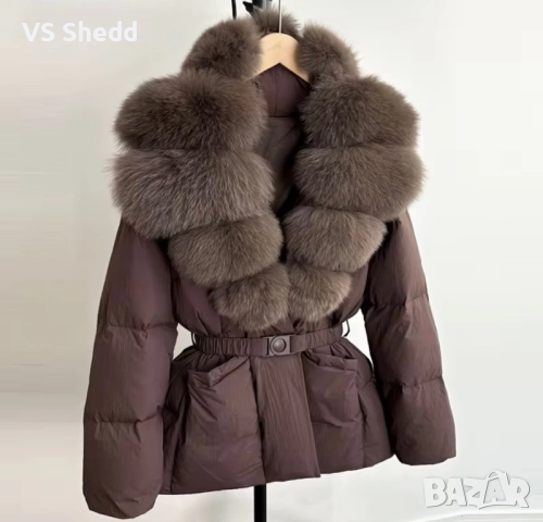 Дамско зимно кафяво яке с естествен косъм, снимка 2 - Якета - 52473582