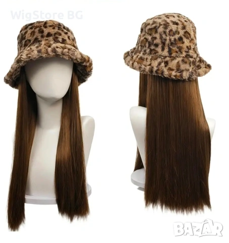 Права кестенява перука с вградена леопардова шапка, снимка 2 - Аксесоари за коса - 54062350
