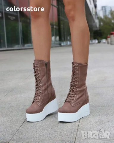 Боти на платформа - кафяв велур с бяло ходило - VP1