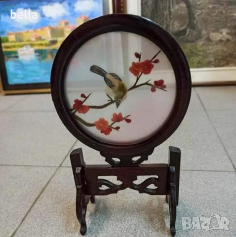 Китайска ръчно изработена двустранна копринена бродерия с цветя , снимка 1 - Антикварни и старинни предмети - 46358480