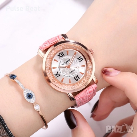 Дамски ръчен часовник с кръгъл циферблат с камъни и кожена каишка, снимка 2 - Дамски - 52056448