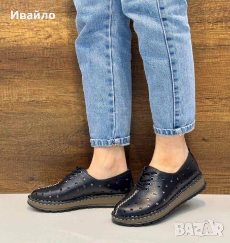 Дамски обувки от естествена кожа в черно с перфорация и връзки, снимка 6 - Дамски ежедневни обувки - 53915844