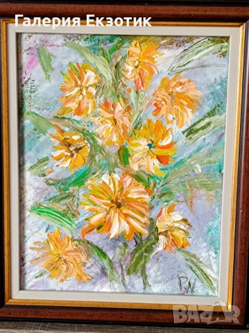 Маслена картина "Слънчогледи" с авторско стихче към нея, снимка 2 - Картини - 54152515