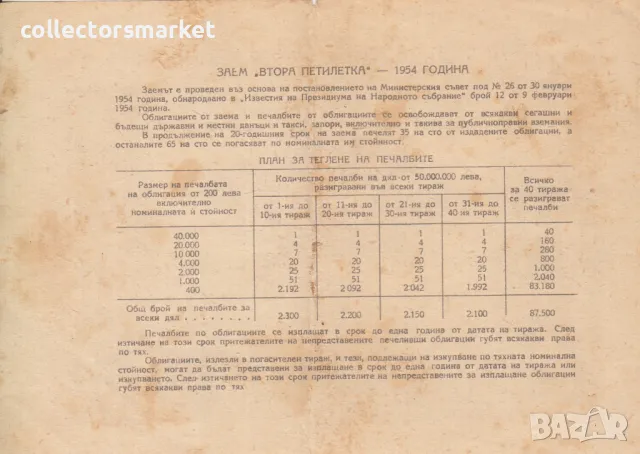 Облигация 20 лева 1954 № 136212, снимка 2 - Други ценни предмети - 47385739