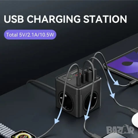 Разклонител PowerCube с USB и бутон – 3 контакта + 2 USB порта, защита от пренапрежение, 2 м кабел, снимка 5 - Друга електроника - 50925194