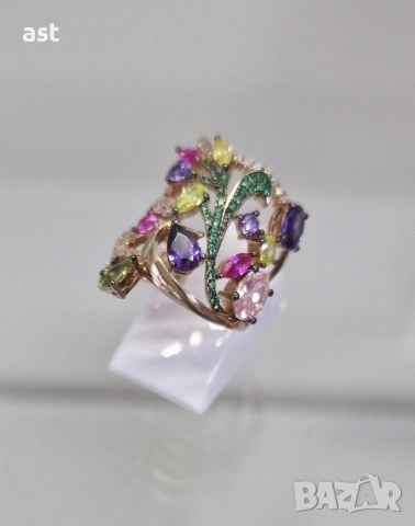 Сребърен пръстен с разноцветни камъни, снимка 6 - Пръстени - 53914009
