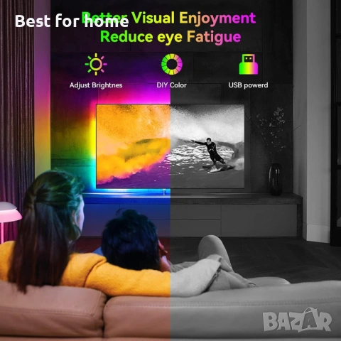 Комплект LED ленти HOUHUI, 2x6.56 фута RGB LED светлинна лента за 40-60 инча телевизор, снимка 5 - Лед осветление - 54194586