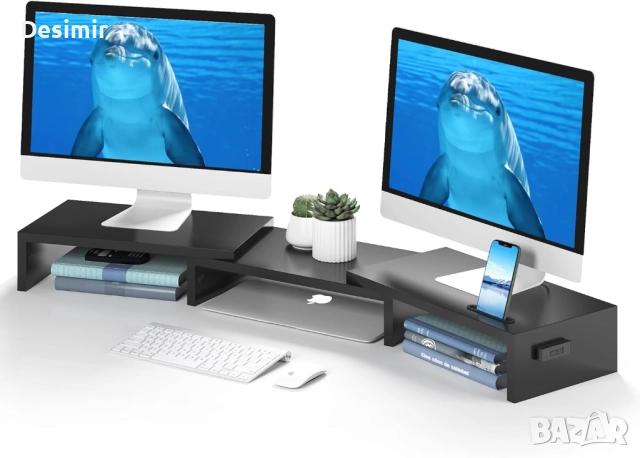 Стойка за 2 монитора BONTEC – регулируема, дървена, с място за съхранение