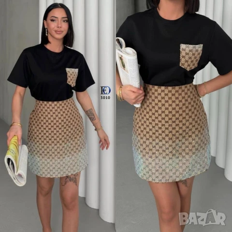 дамски комплекти с камъни тениска и пола gucci , снимка 3 - Комплекти - 50578472