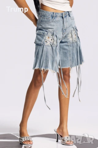 Хит!!! Дънки миди с ресни и волани светло синьо, деним, снимка 2 - Дънки - 50613444