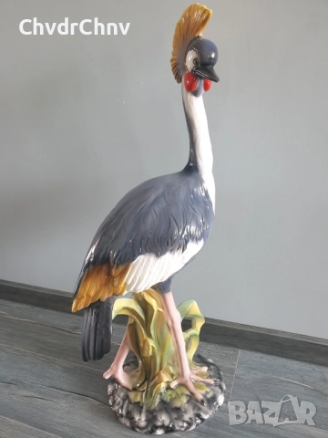 Сив кралски жерав статуетка 83см-5кг/голяма италианска порцеланова фигура на птица