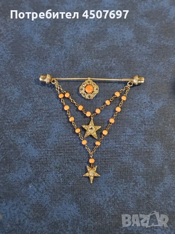 Антична сребърна брошка с диамантена паста и корал, викториански, снимка 2 - Други - 53885627