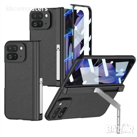 Калъф с протектор GKK за Google Pixel 10 Pro Fold – магнитна панта, кожена текстура и стойка, черен,