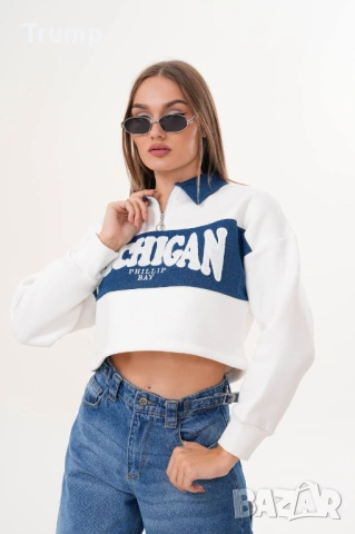 -50 % Скъсена ватирана блуза, Мичиган, цвят бял, снимка 2 - Блузи с дълъг ръкав и пуловери - 53137555