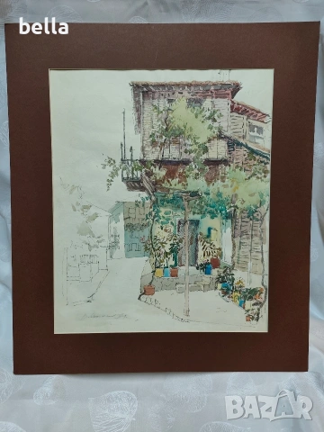 Стар  акварел с паспарту ,смесена техника на Вл.Мански само акварела е с размери 38/45 см.