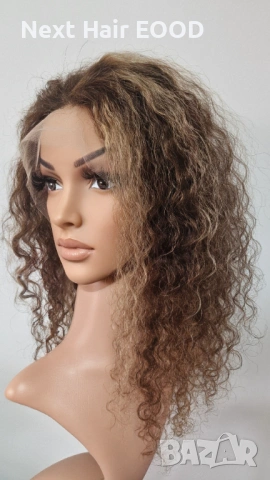 Естествена афро къдрава перука от 100% човешка коса - кафява с руси кичури, 13x4 дантела