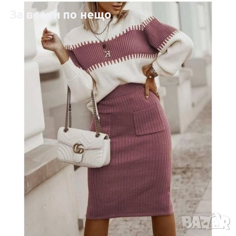 Елегантен Дамски Комплект От Фино Машинно Плетиво В Бежово И Зелено Код S210, снимка 3 - Комплекти - 52419303