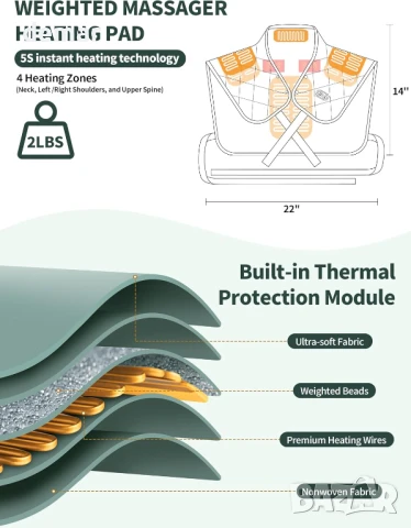 Безжична нагревателна подложка Vofuoti за врата и раменете, претеглена, 33,2x25,8x10,1 см; 1,14 кг, снимка 4 - Масажори - 51404127