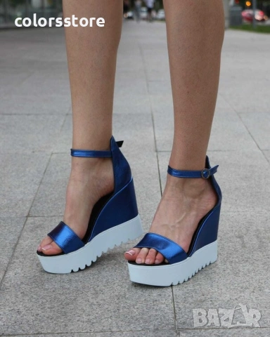 Сандали на платформа - синя кожа с бяло ходило - K200 