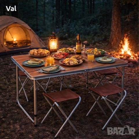 Комплект сгъваема къмпинг маса с 4 стола, Регулируема височина, Дизайн "куфар", снимка 3 - Маси - 53796530