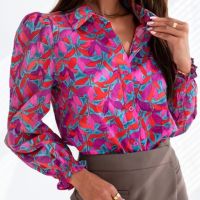 Дамска риза с дълъг ръкав и абстрактен принт, 100% памук, снимка 1 - Ризи - 45932128