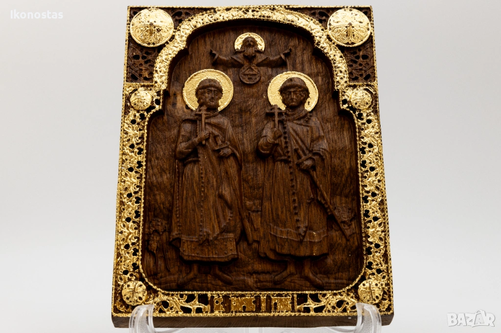 Свети Борис и Глеб – релефна православна икона от дъб с позлата, снимка 1
