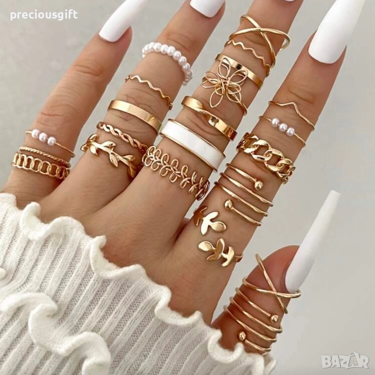 Комплект бижута - 22 броя пръстени, налични в цвят злато или сребро, снимка 1