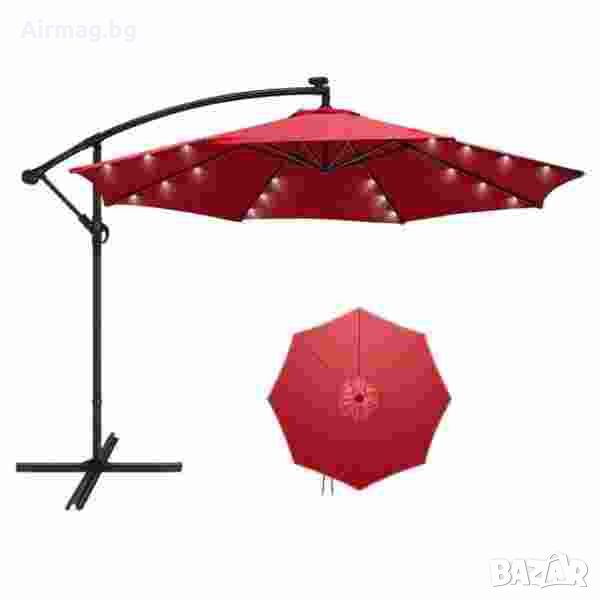 Градински чадър с LED осветление,3м, цвят Червен, снимка 1