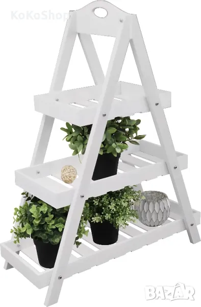 Дървен цветарник тип стълба – 3 нива, 70 см, бял, снимка 1