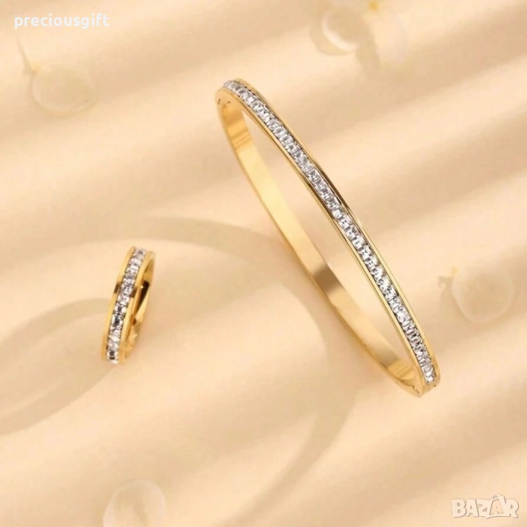 Комплект бижута от неръждаема стомана - твърда гривна и пръстен, снимка 1