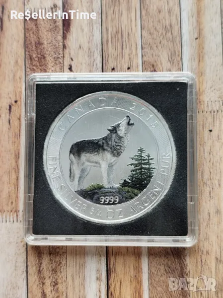 Инвестиционна сребърна монета 3/4 унция 2 dollars 2015 Canada Grey Wolf , с цвят, снимка 1