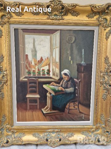 Превъзходна  красива антикварна белгийска авторска майсторска картина масло върху платно , снимка 4 - Антикварни и старинни предмети - 45404733