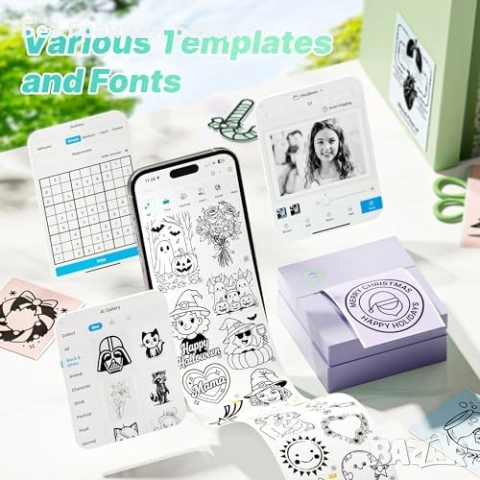 Нов Мини принтер стикер мейкър PM290 термопечат 3 ролки лепящи 54мм, снимка 3 - Друга електроника - 53535718