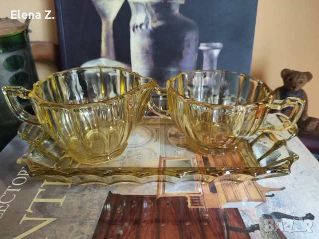 Винтидж сет кехлибарено жълто стъкло САЩ 30-те, снимка 8 - Антикварни и старинни предмети - 54076558