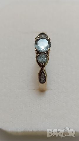 златен пръстен с диаманти и аквамарини, снимка 4 - Пръстени - 45784964
