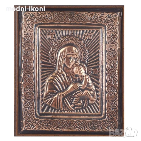 МЕДНА ИКОНА СВЕТА БОГОРОДИЦА С ДЪРВОРЕЗБОВАНА РАМКА, снимка 2 - Икони - 53709900