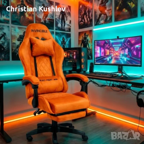 Оранжев велурен геймърски стол с поставка за крака – ергономичен, метална рамка, снимка 4 - Столове - 53275427