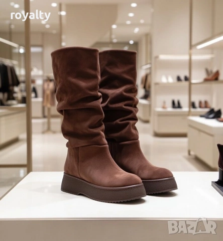 Равни ботуши - кафяв велур, снимка 3 - Дамски ботуши - 53193628