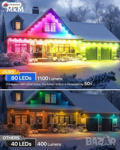 Интелигентни външни светлини LPHIANX, 30 м, 80 LED, RGB смарт
