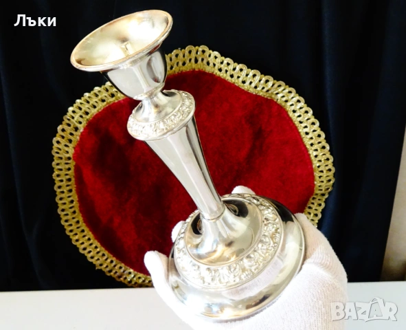 Посребрен свещник,релефни рози,Art Deco. , снимка 6 - Антикварни и старинни предмети - 53660052