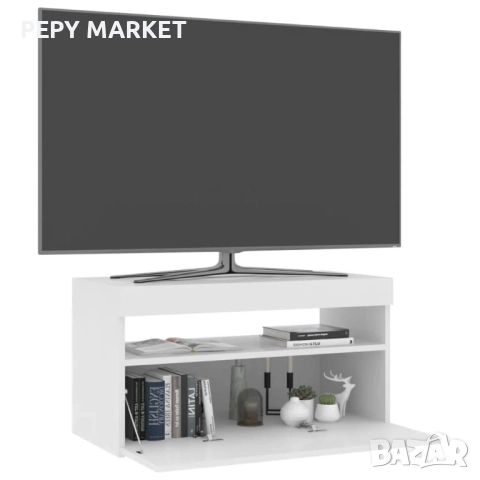 ТВ шкаф с LED осветление, бял, 75x35x40 см Цвят: Бял Материал: Инженерно дърво Размери (всеки): 75 x, снимка 1