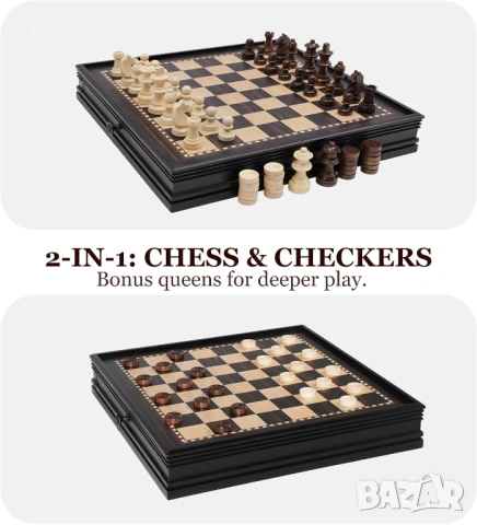 Дървен шахматен комплект магнитен – 2 в 1 шахматна дъска 32 см, 34 фигури Staunton, снимка 4 - Шах и табла - 53827022