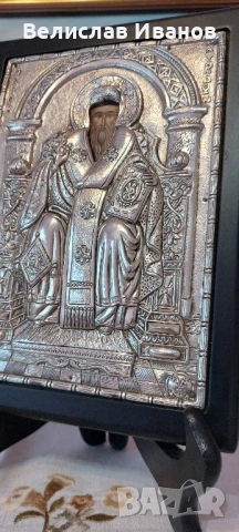 Гръцка сребърна икона на св.Спиридон. Проба 950. Перфектно състояние., снимка 2 - Икони - 50755937