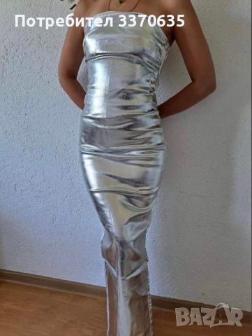 Кожена дълга рокля Zara, M размер, сребриста, снимка 1 - Рокли - 46320939