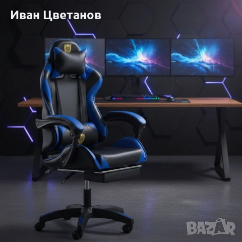 Геймърски стол с поставка за крака – черно-син, въртящ, с масажна функция и спортен дизайн