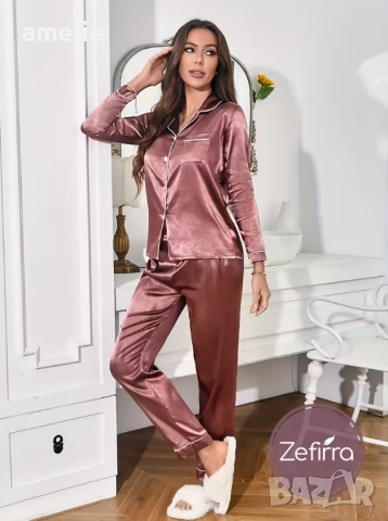 Дамски сатенени пижами в различни разцветки Amelie Zefirra, с дълъг ръкав. , снимка 6 - Пижами - 52681414