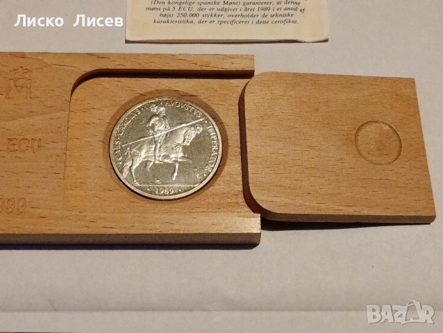 Испания 5 екю 1989г. 1 унция сребро, снимка 2 - Нумизматика и бонистика - 53031681