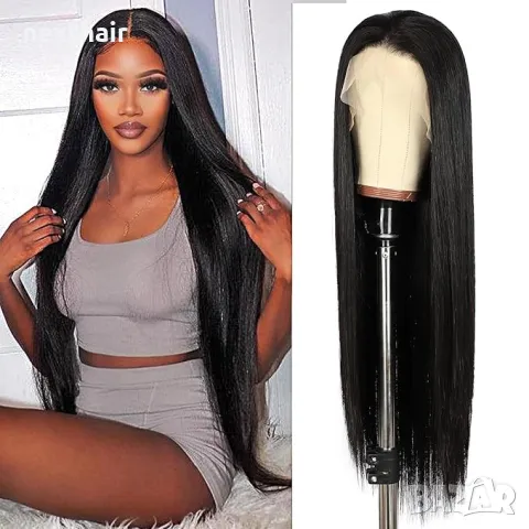 80 см Дълга черна копринено права синтетична перука с дантела 13*6 лейс фронт LACE FRONT, снимка 3 - Аксесоари за коса - 50050143