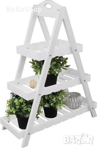 Дървен цветарник тип стълба – 3 нива, 70 см, бял